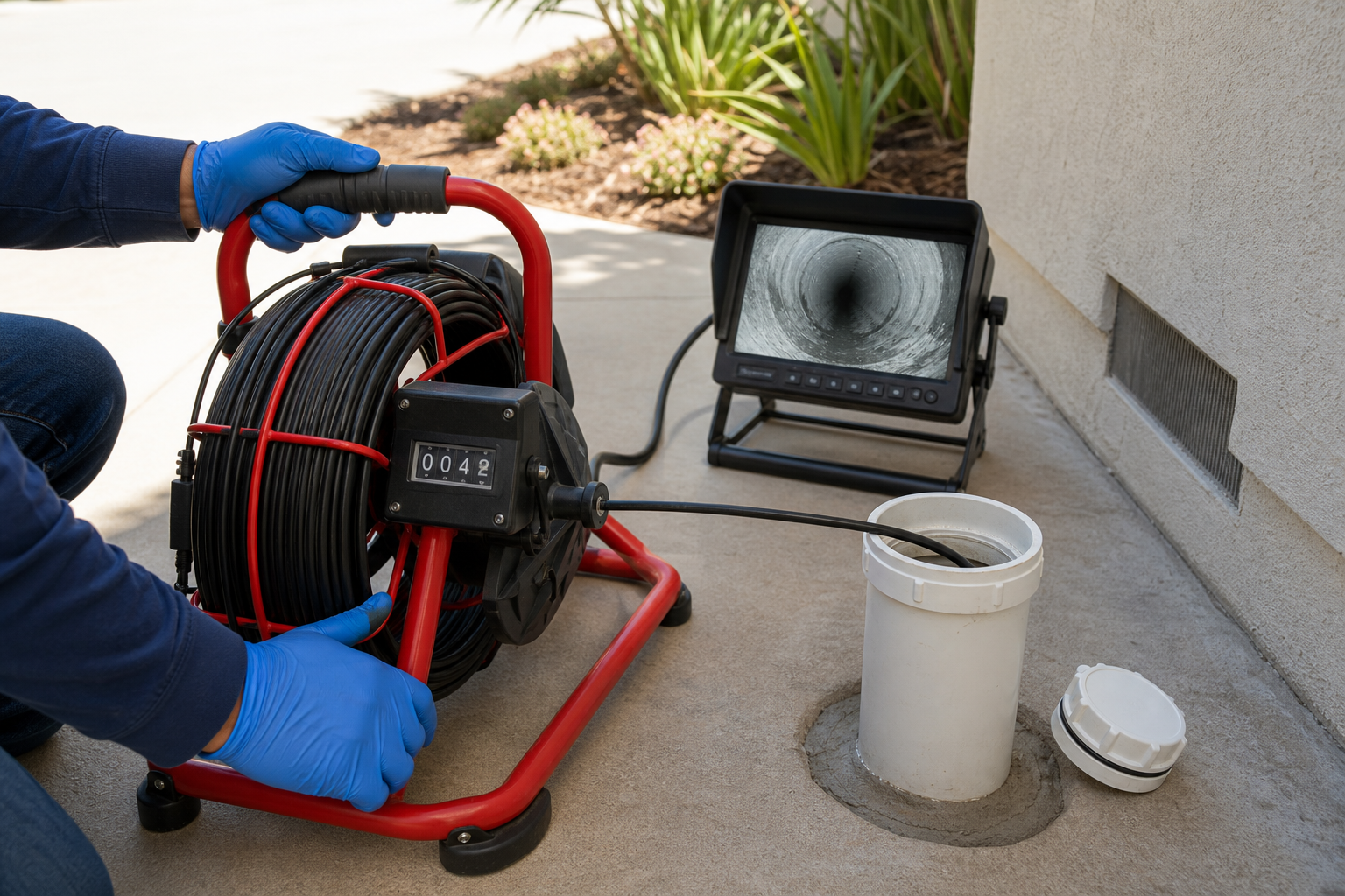 Sewer camera reel with a travel-distance counter, inspection cable entering a cleanout, and pipe-interior monitor