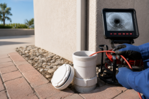 Sewer cleanout cap opened for a professional camera inspection with the camera cable and monitor visible