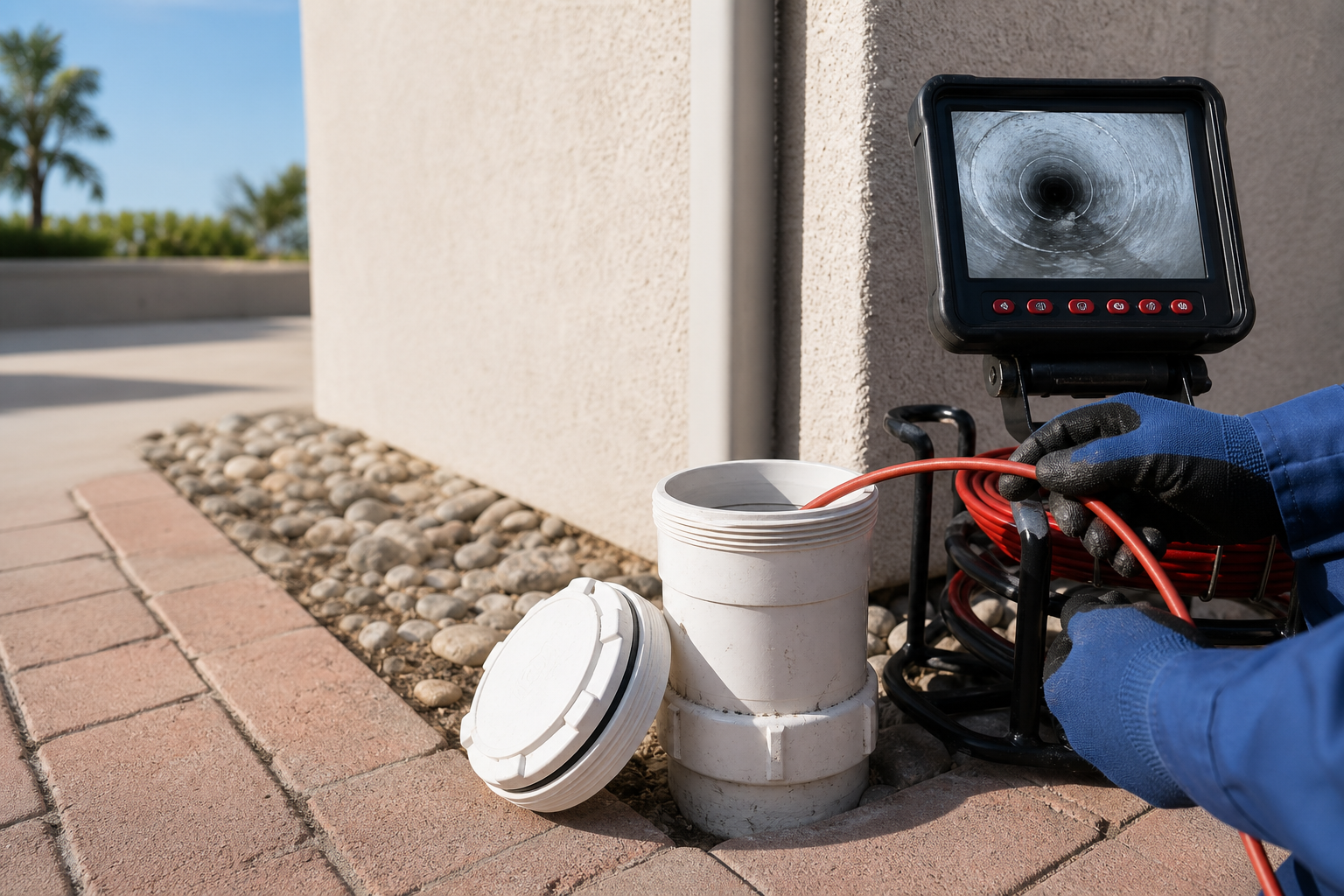 Sewer cleanout cap opened for a professional camera inspection with the camera cable and monitor visible