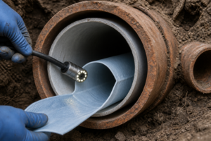 Already-lined sewer pipe evaluated by camera while a second liner is positioned inside