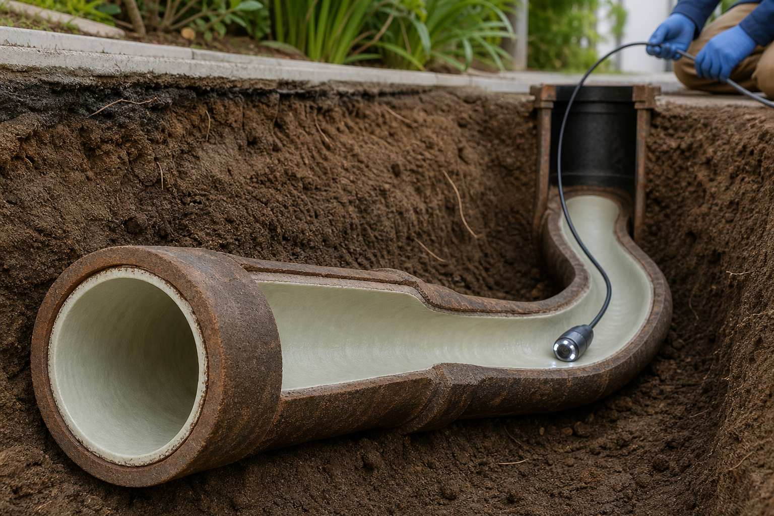 Cutaway of a curved clay sewer lateral with a cured liner and inspection camera