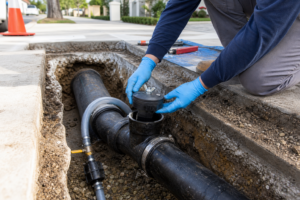 Open sewer lateral repair isolated with a test plug and temporary bypass hose