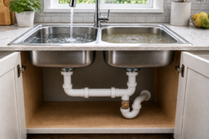 Double-basin kitchen sink showing backed-up water and an illustrative shared-drain restriction above one P-trap