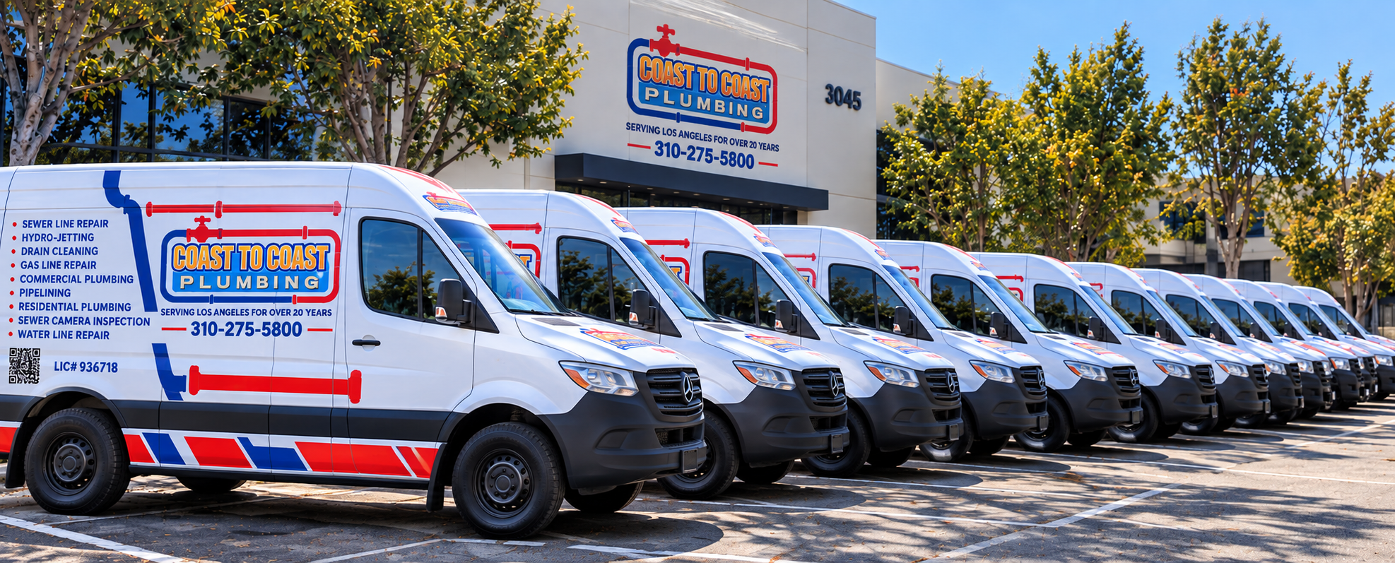 Coast to Coast Plumbing service vans parked outside the company building