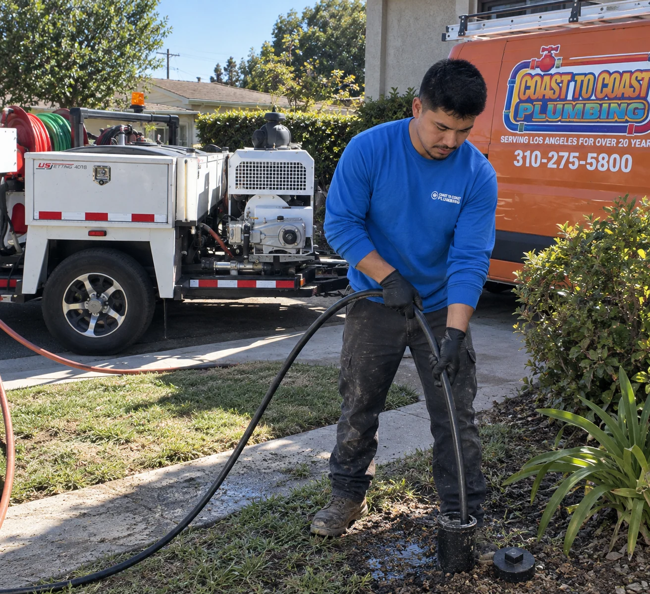 Technician using a jetter hose at an exterior cleanout