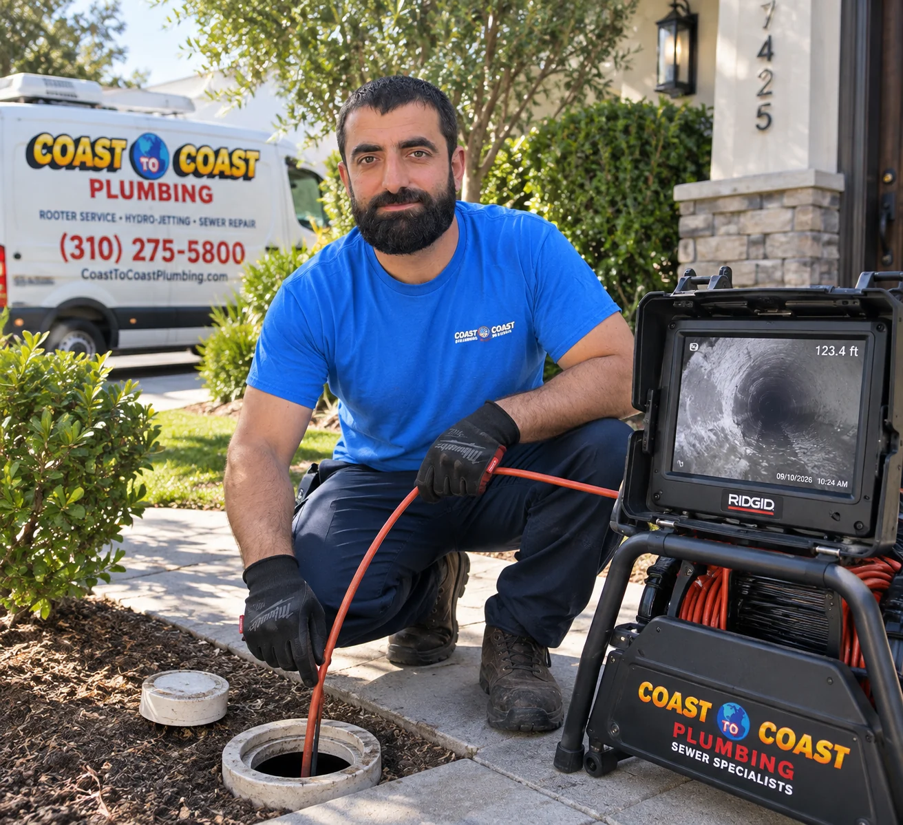 Technician with a sewer camera and inspection monitor