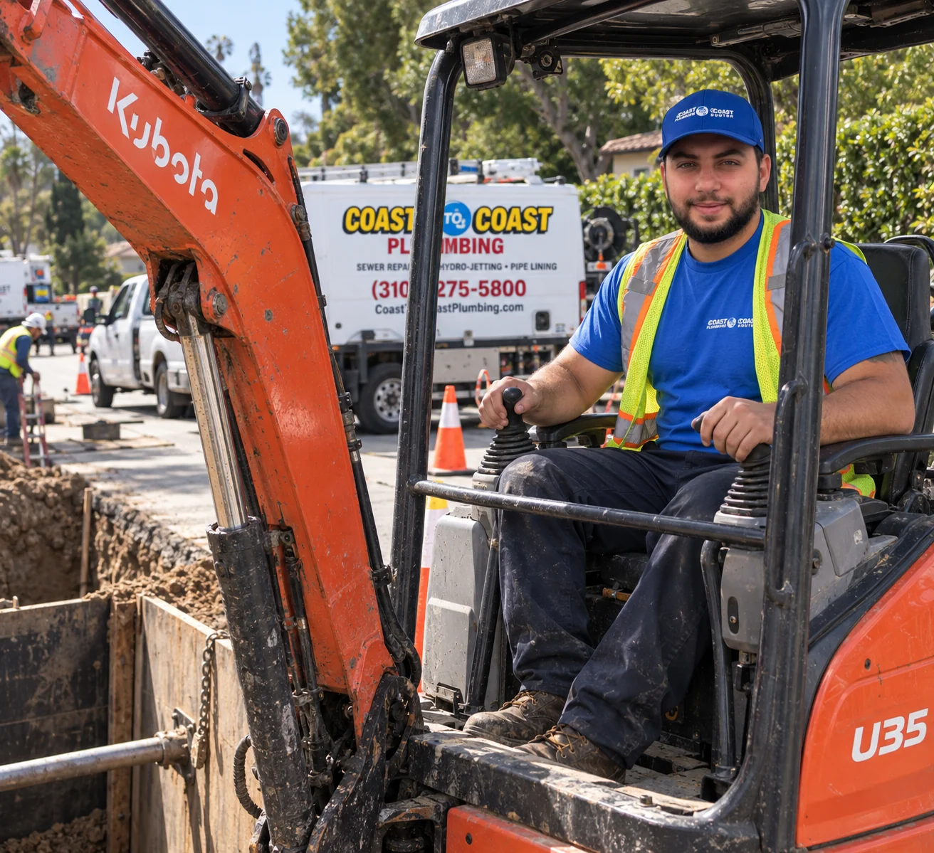 Operador de excavadora junto a una zanja abierta
