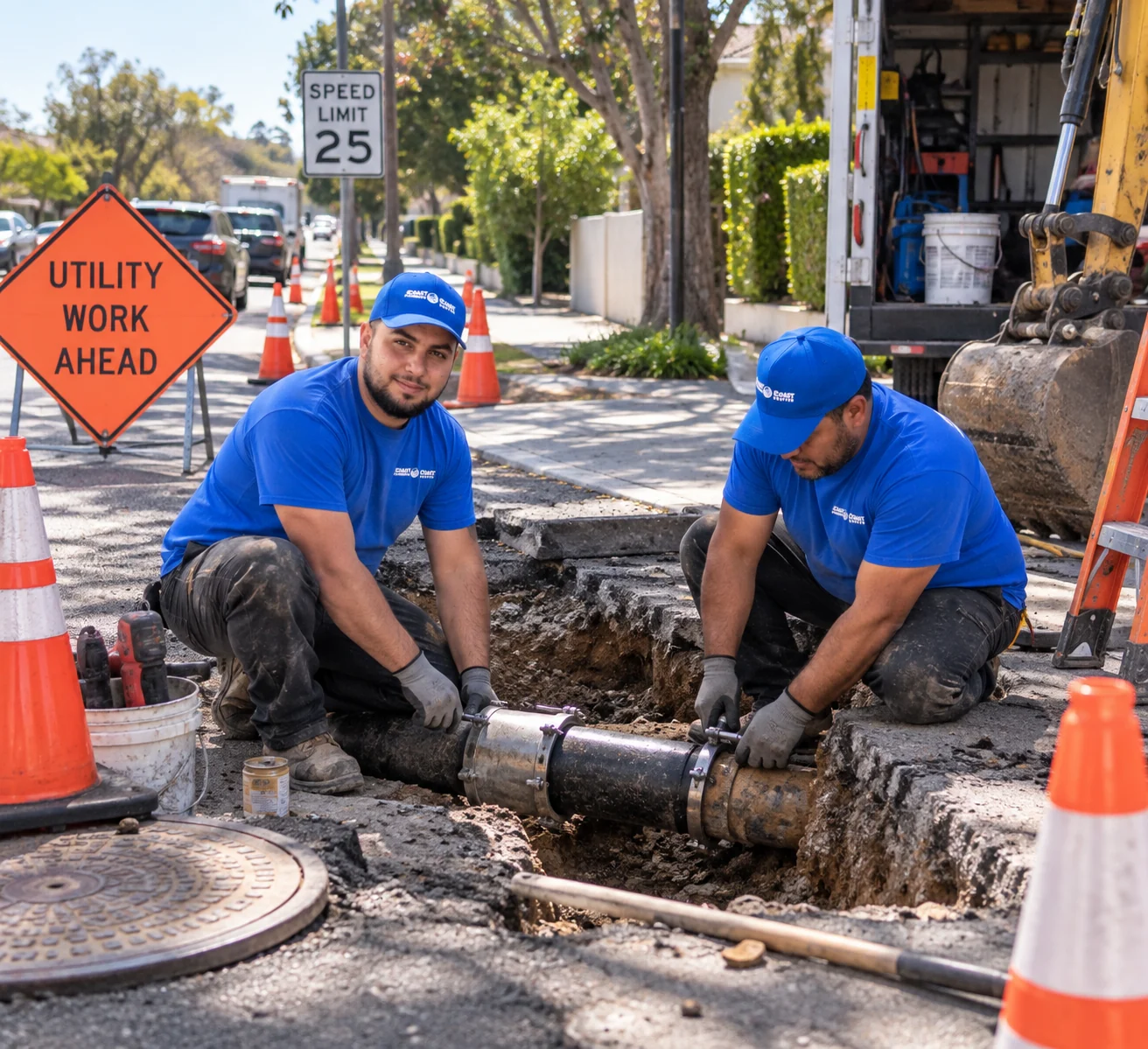 Technicians working on an exposed sewer pipe