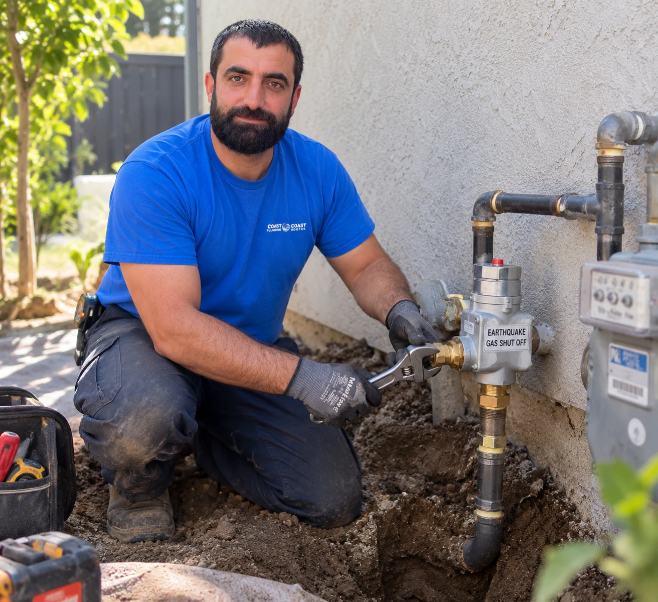 Technician working beside an exterior gas shutoff valve