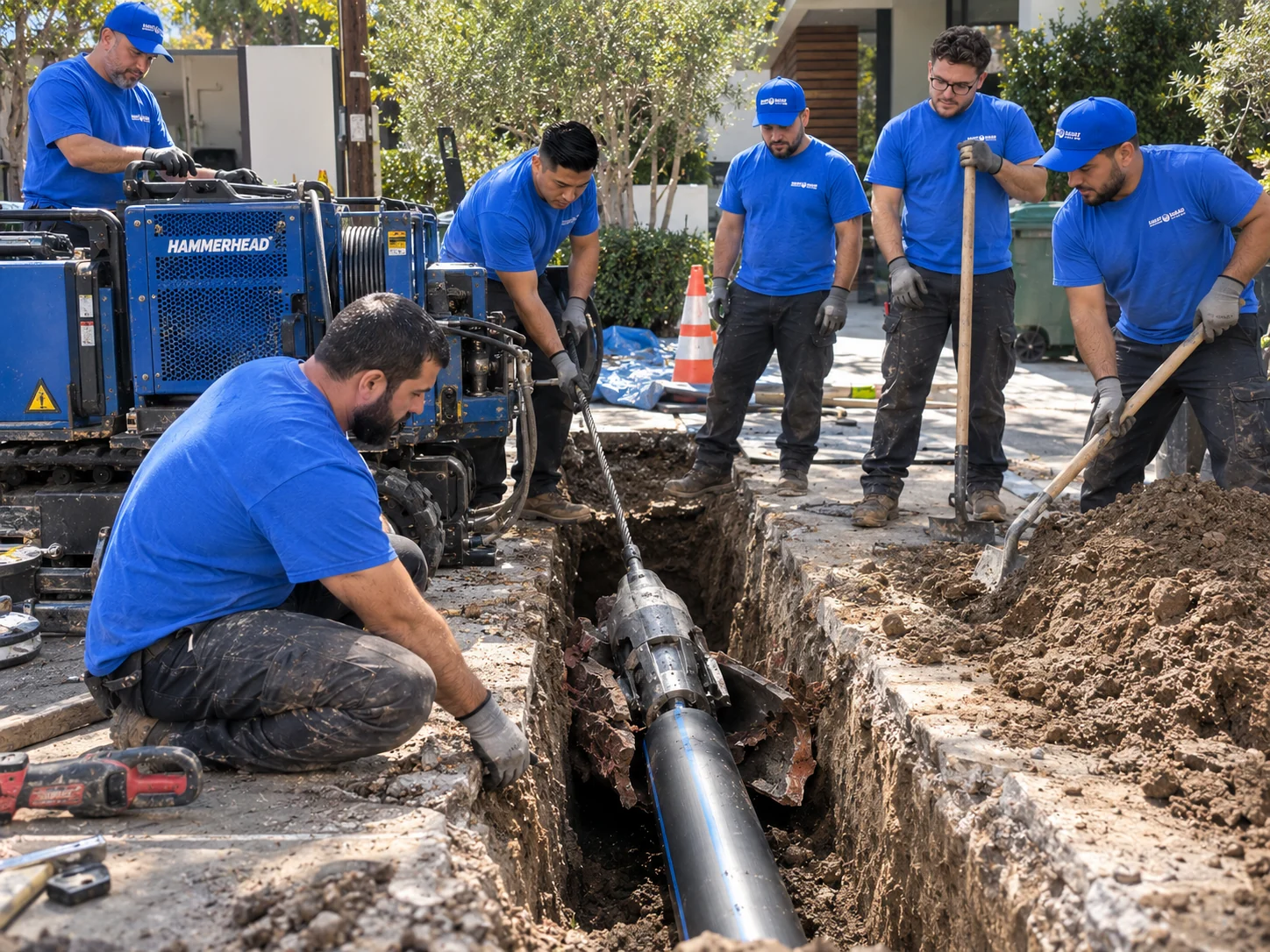 Crew and trenchless equipment beside a replacement sewer pipe