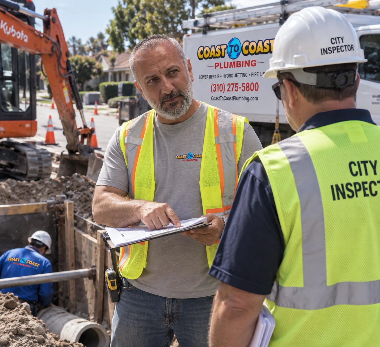 Equipo coordinando trabajos junto a una excavación de alcantarillado