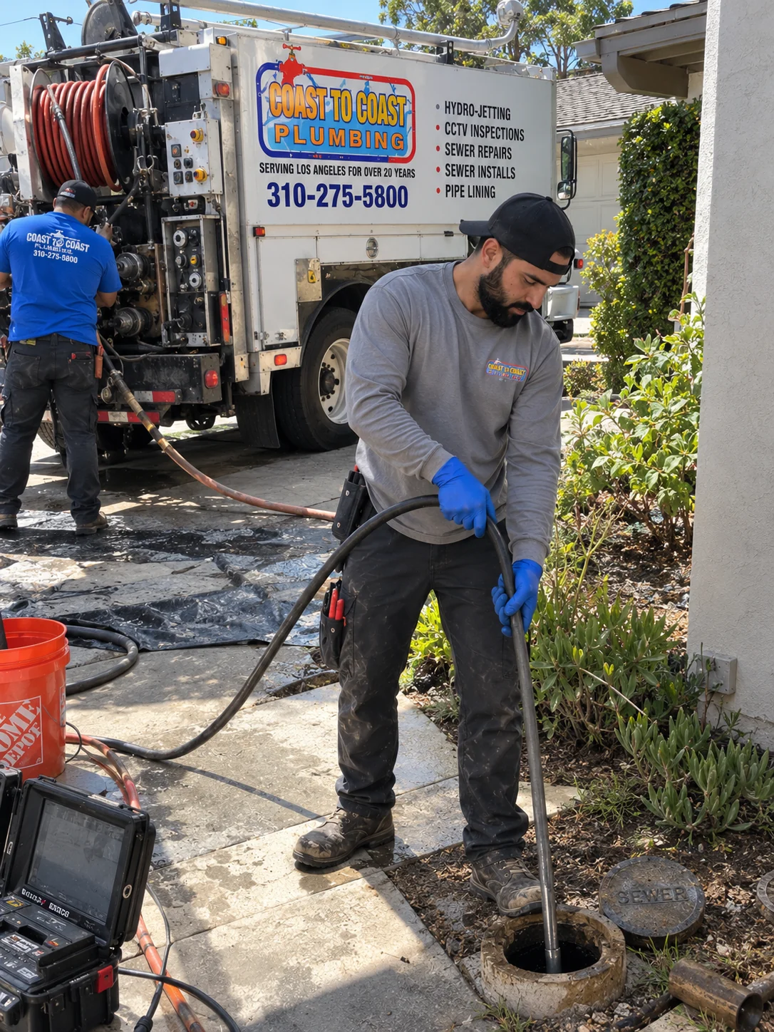 Técnico utilizando una manguera en un registro de limpieza exterior