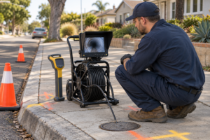 Illustrative sewer camera equipment and technician at a residential street curb